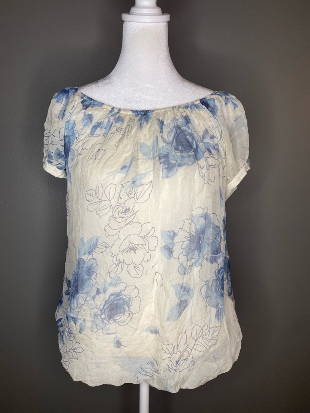 NWOT! Marina Gigli Italy 100% Silk Floral Crinkle Cottagecore Peasant Top - S